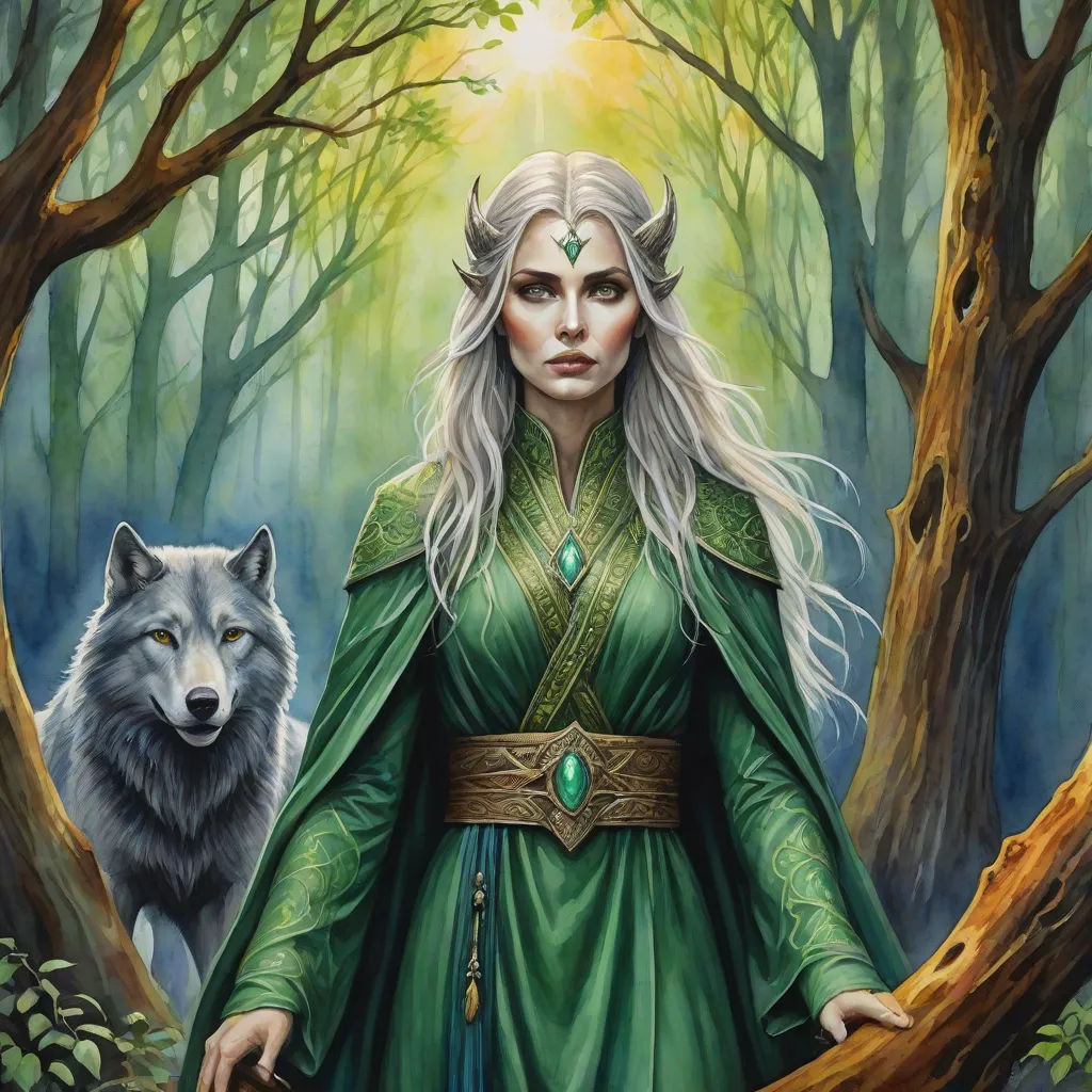 a painting of a woman in a green dress and wolf in the woods with trees and branches, with a wolf in the background, fantasy art, a detailed painting, Anne Stokes, magic the gathering artwork
