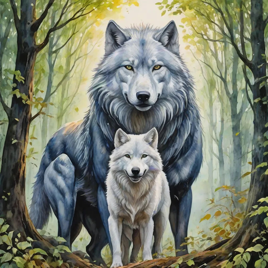 a painting of two wolfs standing in a forest with trees and leaves on the ground, with one of them looking at the camera, gothic art, a fine art painting, Anne Stokes, official art