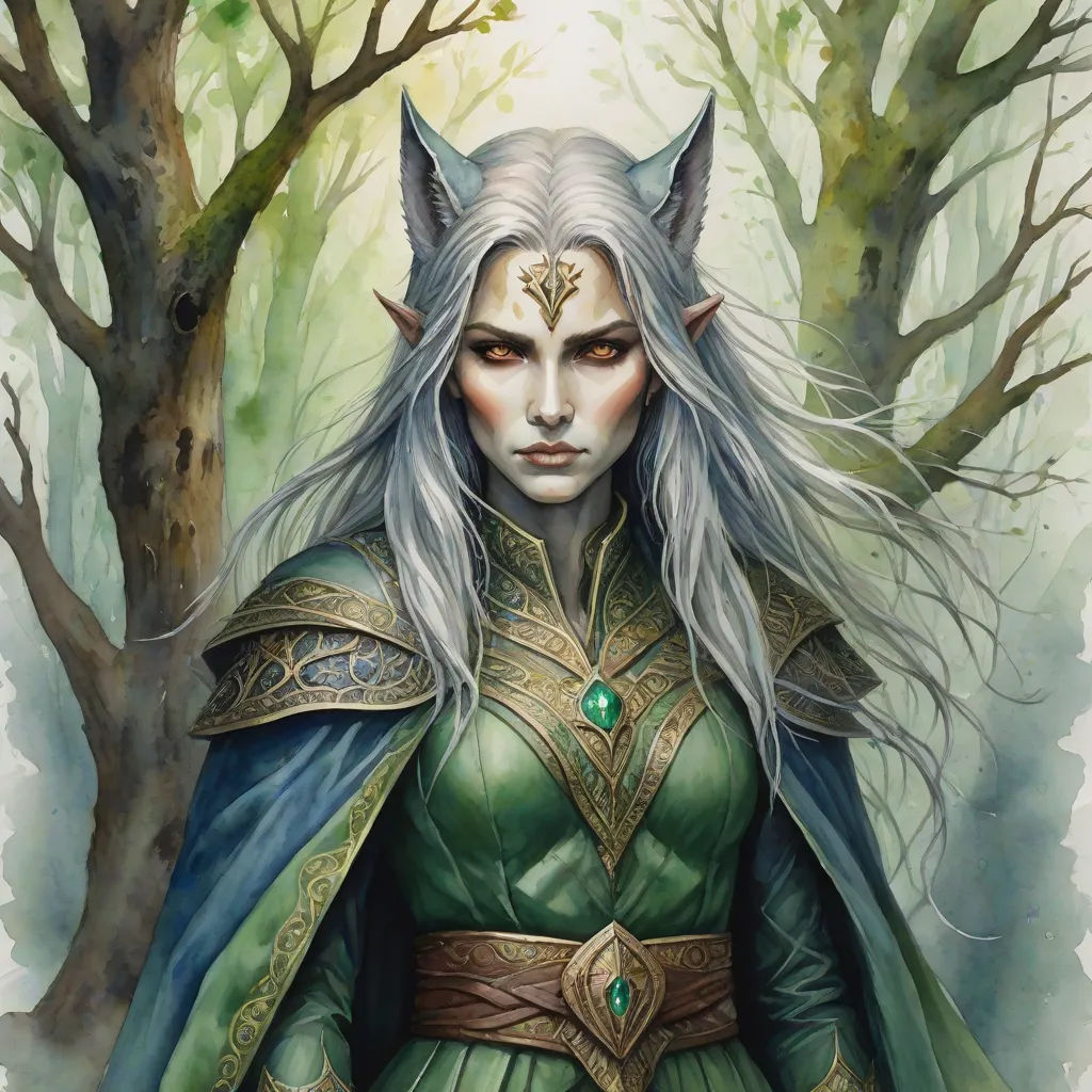 a painting of a woman with white hair and horns in a forest with trees and branches, wearing a green dress and a horned headpiece, fantasy art, a detailed painting, Donato Giancola, epic fantasy character art