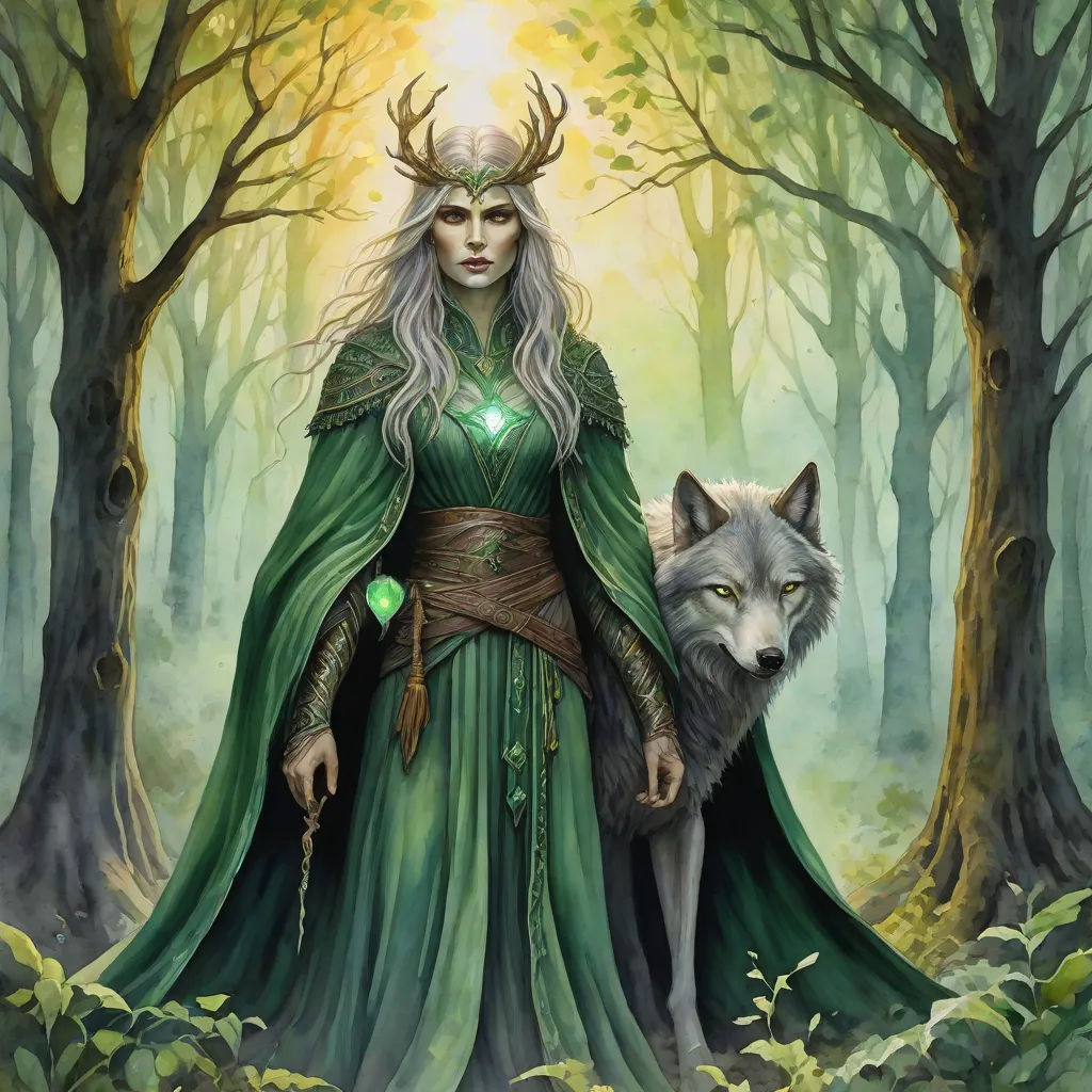 a woman in a green dress standing next to a wolf in a forest with trees and leaves on the ground, fantasy art, a character portrait, Anne Stokes, leesha hannigan