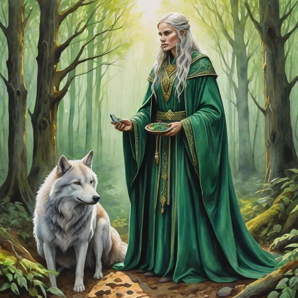 a painting of a man in a green outfit standing next to a wolf in a forest with trees and rocks, fantasy art, a detailed painting, Anne Stokes, official art