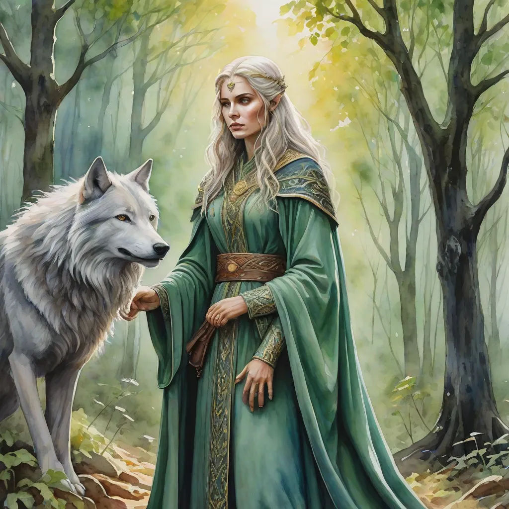 a painting of a woman with a wolf in a forest with trees and leaves on the ground, with a wolf standing next to her, fantasy art, a detailed painting, Anne Stokes, official art