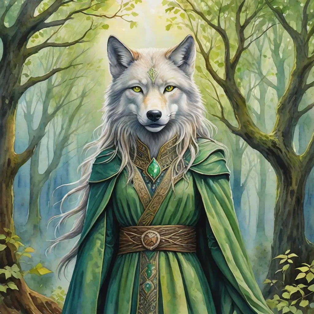 a painting of a wolf in a green dress in a forest with trees and leaves, with a green cloak and a golden ring around its neck, fantasy art, a detailed painting, Anne Stokes, green