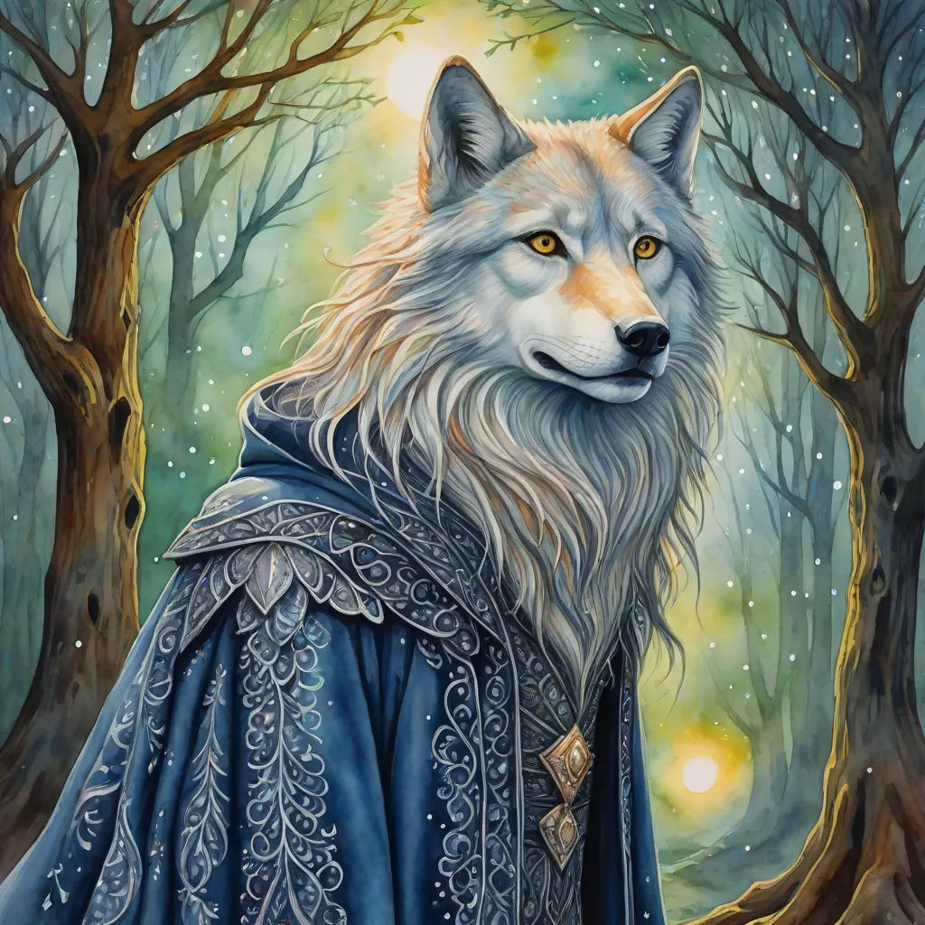 a painting of a wolf wearing a blue coat and a crown in a forest with trees and snowflakes, fantasy art, a fine art painting, Anne Stokes, regal