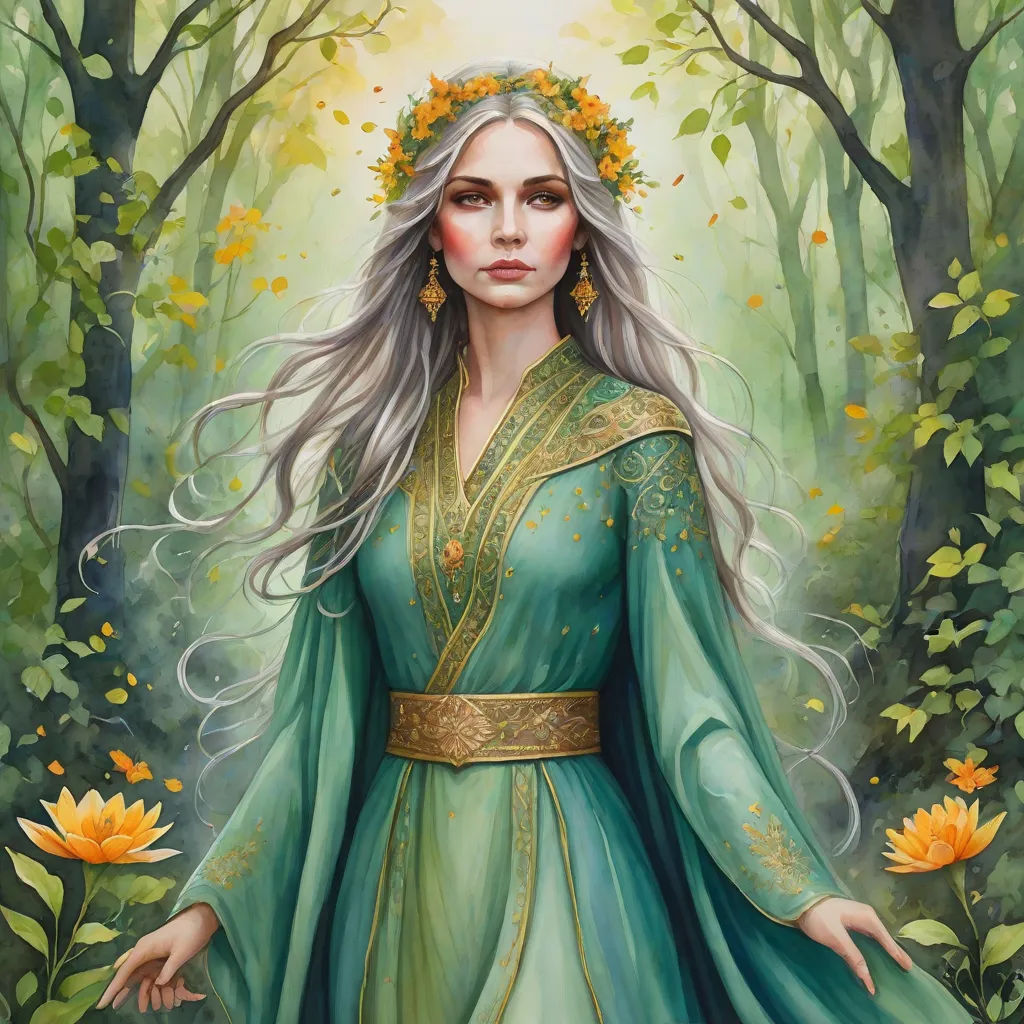 a painting of a woman in a green dress with a crown on her head and a yellow flower in her hair, fantasy art, a detailed painting, Amanda Sage, fantasy artwork