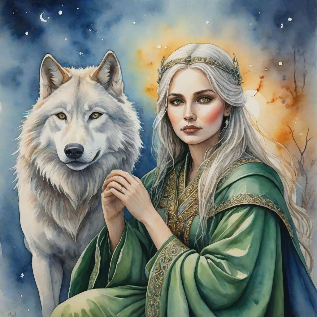a painting of a woman with a wolf on her shoulder and a wolf on her shoulder, with a sky background, fantasy art, a detailed painting, Anne Stokes, official art