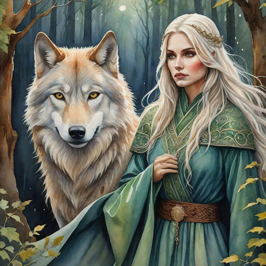a painting of a woman and a wolf in the woods with trees and leaves around her, with a wolf in the background, fantasy art, a detailed painting, Anne Stokes, official art