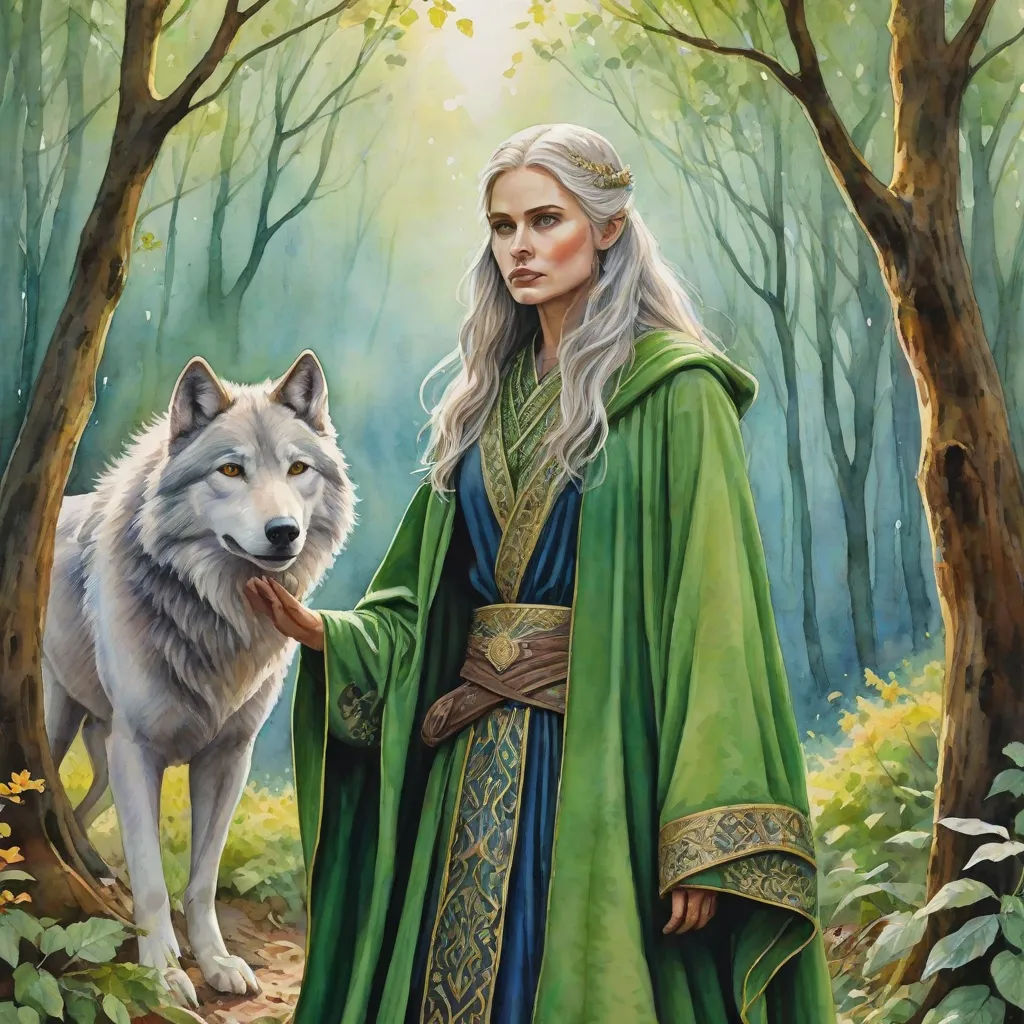 a painting of a woman with a wolf in a forest with trees and leaves on the ground, with a green robe and a wolf in the foreground, fantasy art, a detailed painting, Donato Giancola, official art