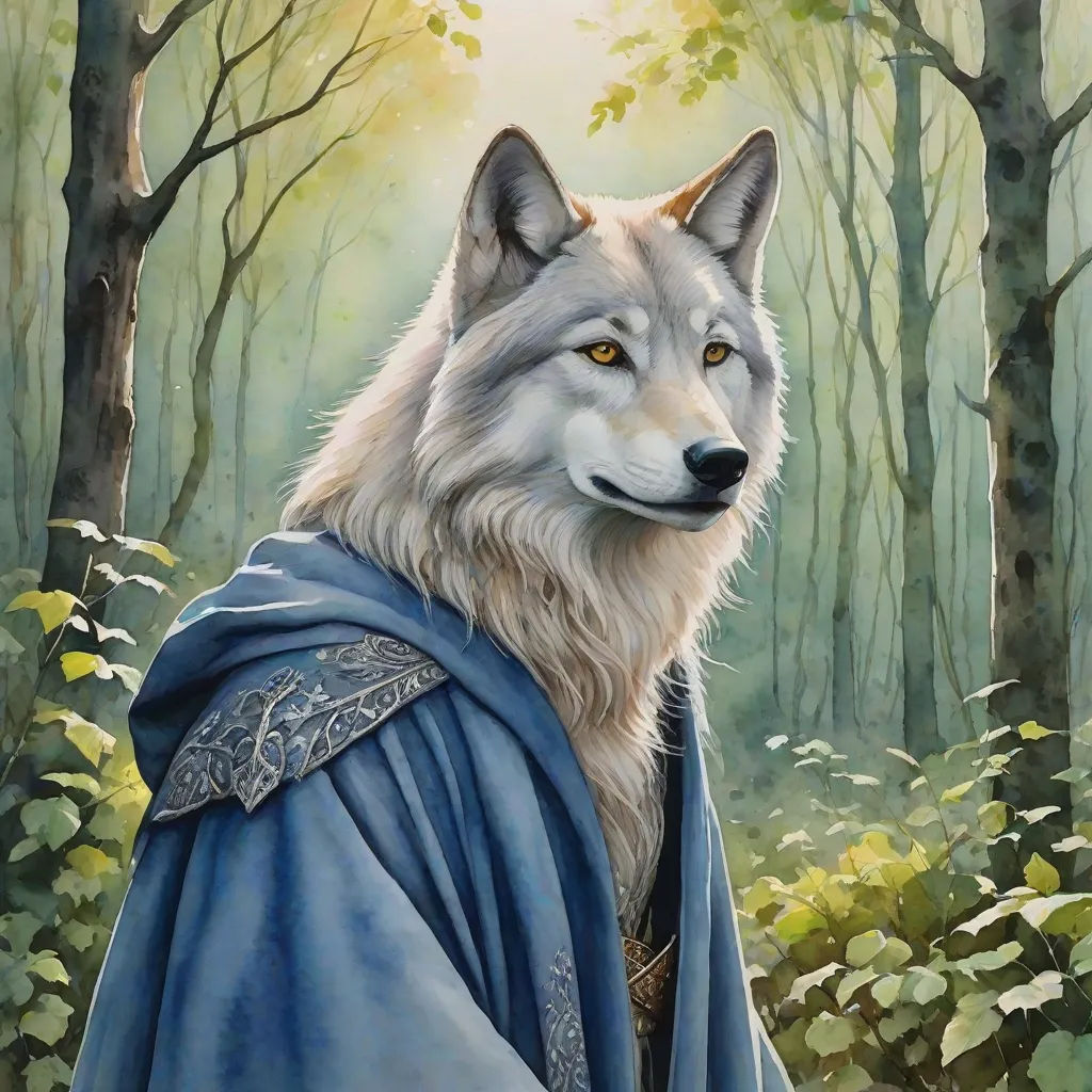 a painting of a wolf in a blue cloak in a forest with trees and bushes, with a sun shining through the trees, fantasy art, a fine art painting, Anne Stokes, regal