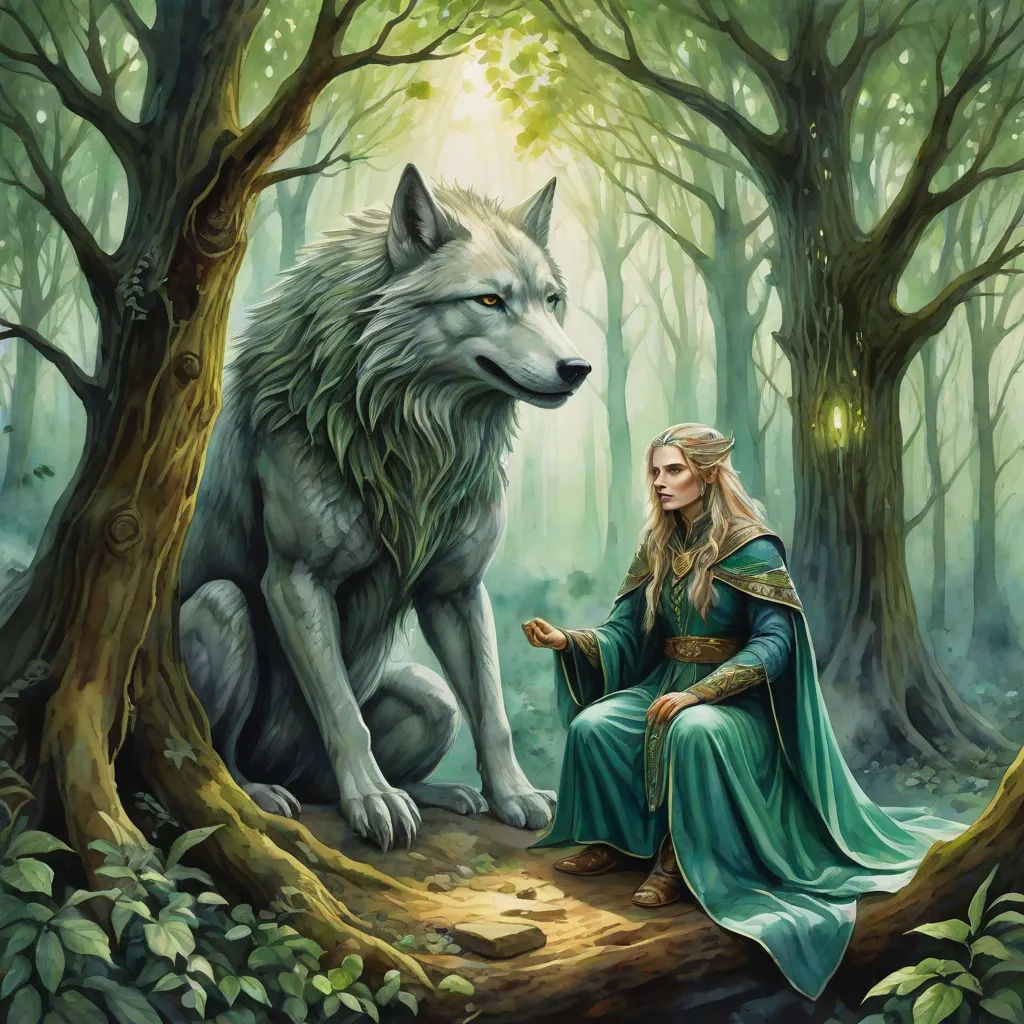 a woman sitting on a log next to a wolf in a forest with trees and leaves on the ground, fantasy art, a storybook illustration, Anne Stokes, magic the gathering artwork