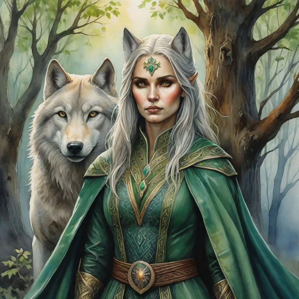 a painting of a woman with a wolf in the background and a wolf in the foreground, with a forest scene in the background, fantasy art, a detailed painting, Anne Stokes, official art