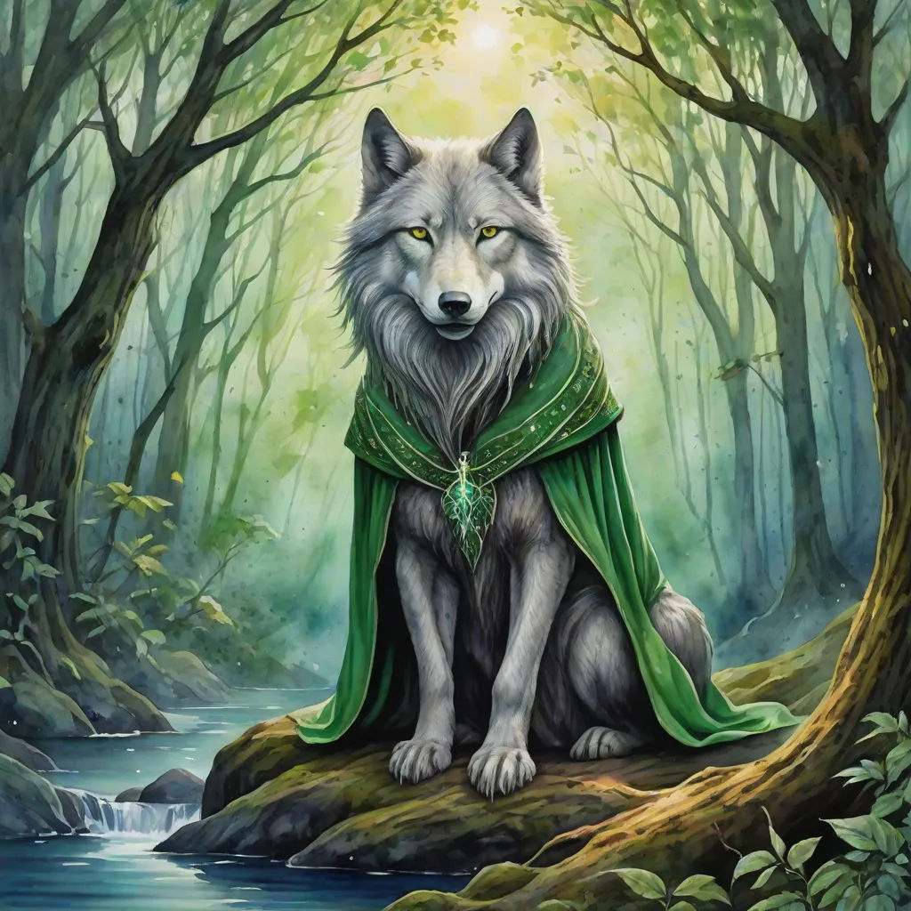 a painting of a wolf with a green cape sitting on a rock in a forest with a stream and trees, fantasy art, a character portrait, Anne Stokes, green