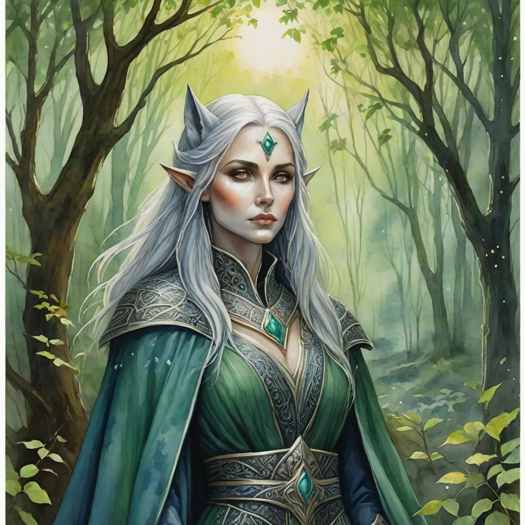 a painting of a woman in a green dress in a forest with trees and leaves on the ground and a sun shining through the trees, fantasy art, a detailed painting, Anne Stokes, epic fantasy character art