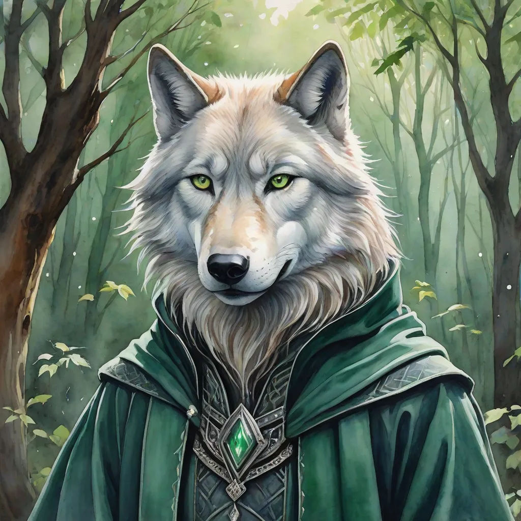 a painting of a wolf wearing a green coat and a green cape with a green eye and green eyes, furry art, a detailed painting, Anne Stokes, green