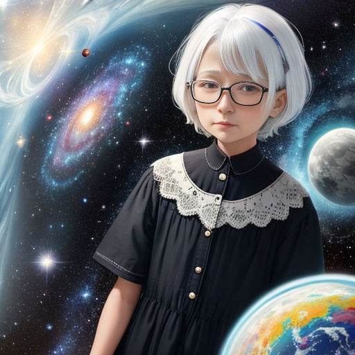 a young girl with glasses standing in front of a painting of a space scene with planets and stars in the background