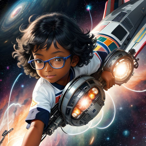 a young boy flying through space holding a light in his hand and a spaceship in the background with stars