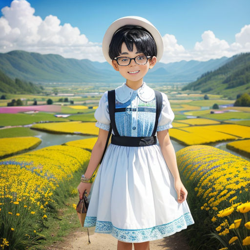a young girl in a dress and hat standing in a field of flowers with a mountain in the background