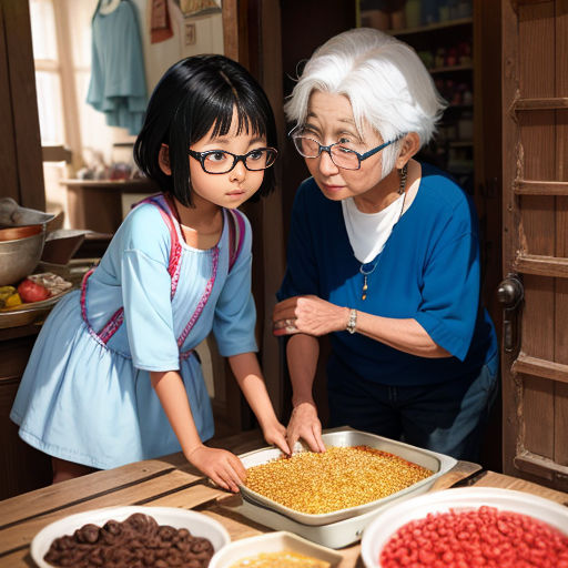 a woman and a little girl standing in front of a pan of food on a table with bowls of beans