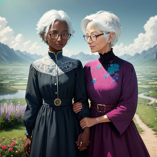 two women standing next to each other in front of a painting of mountains and flowers and a river with a sky background