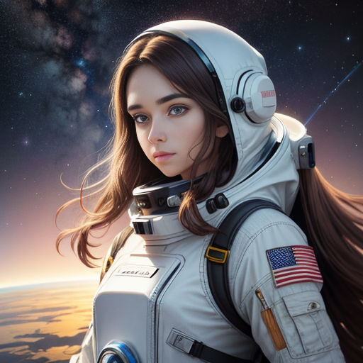 a woman in a space suit with a camera on her shoulder and a space background with stars and a planet