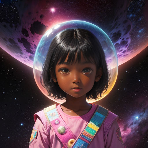 a young girl with a space helmet on her head and a space background with stars and planets in the sky