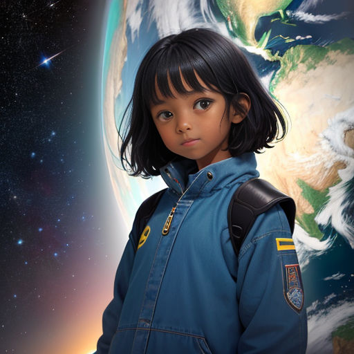 a young girl in a blue space suit standing in front of a planet with stars and a blue sky