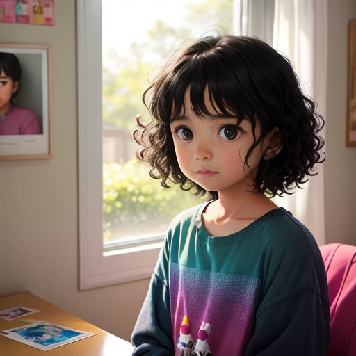 a little girl sitting at a table with a cake in front of her face and a picture of a girl on the wall behind her
