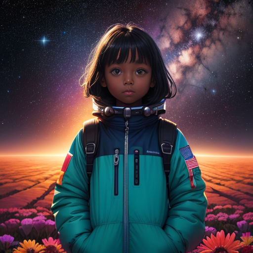 a young girl standing in a field of flowers with a space background and stars in the sky above her
