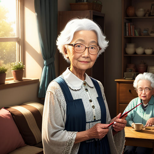 a woman holding a chopstick in front of a painting of an elderly woman and a woman sitting at a table