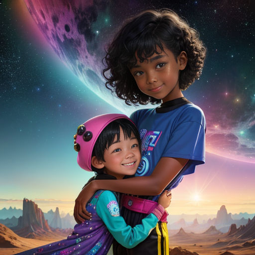 a young girl hugging a young boy in a space scene with a planet in the background and stars in the sky