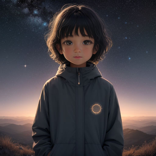 a young girl standing on top of a hill under a night sky with stars and a sun in the background