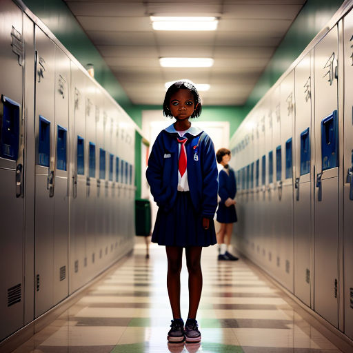 a young girl standing in a hallway between lockers in a school uniform and a red tie on her neck