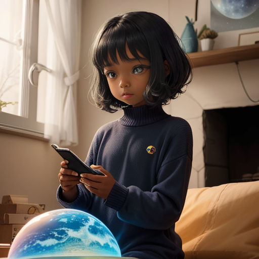 a young girl sitting on a bed looking at a cell phone and a globe of the earth in front of her