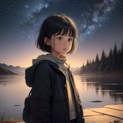 a young girl standing in front of a lake under a night sky with stars above her head and a lake below