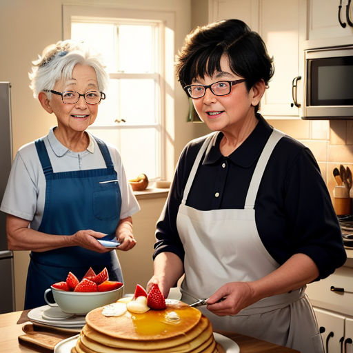 a woman and an older woman are cutting a cake together in the kitchen together, with a bowl of strawberries on the table