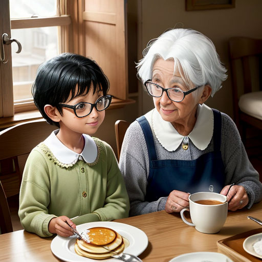 a woman and a child sitting at a table with a plate of pancakes and a cup of coffee in front of them