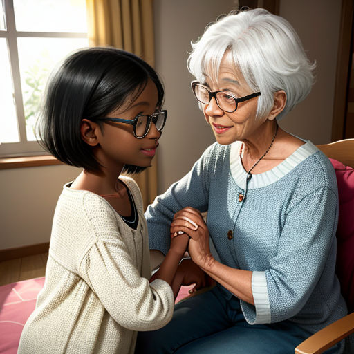 a woman helping a little girl with her hand on her shoulder in a room with a window and a chair