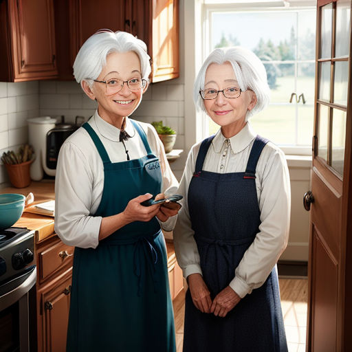 two older women standing in a kitchen next to a stove top oven and a window with a view of a field