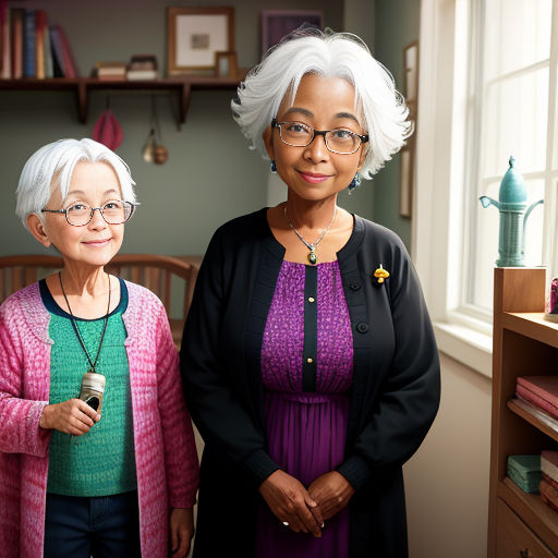 a digital painting of two older women standing next to each other in a room with a bookcase and a window