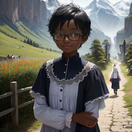 a young girl in a dress standing on a path in a field with mountains in the background and a person walking down the path