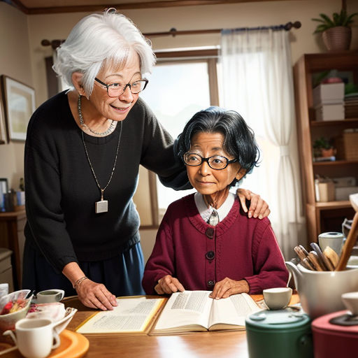 an older woman and a young woman are looking at a book together at a table with cups and saucers