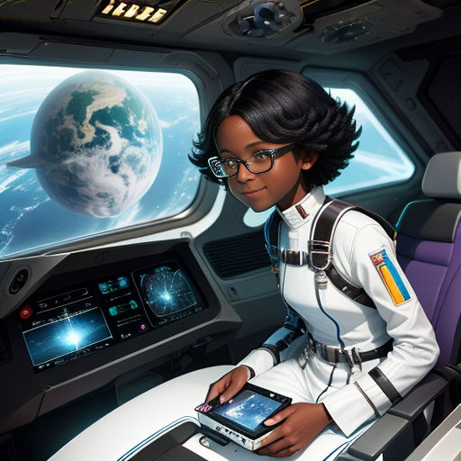a young girl in a space suit holding a tablet computer in a space station setting with a view of the earth
