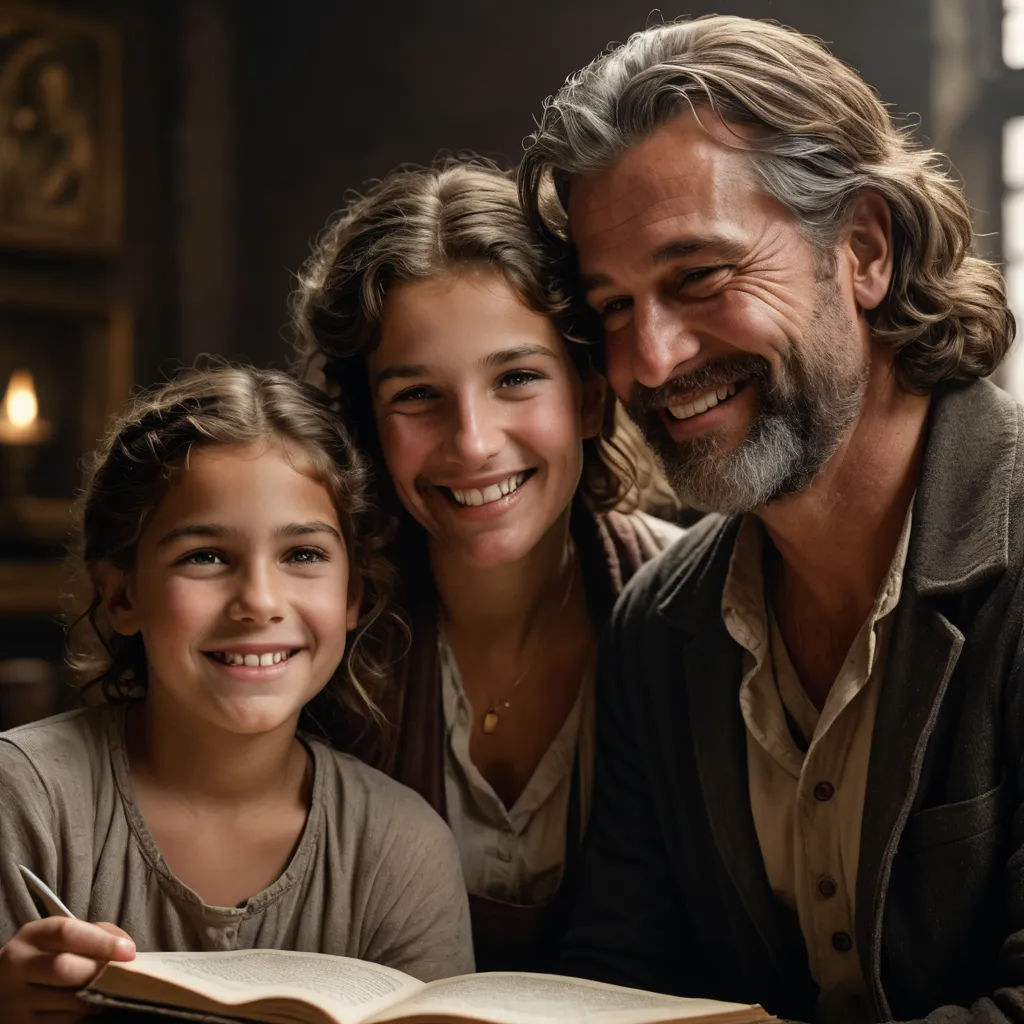 a man and two children are smiling while holding a book together in front of them, while the girl is holding a book, arts and crafts movement, a storybook illustration, Anne Said, promotional image