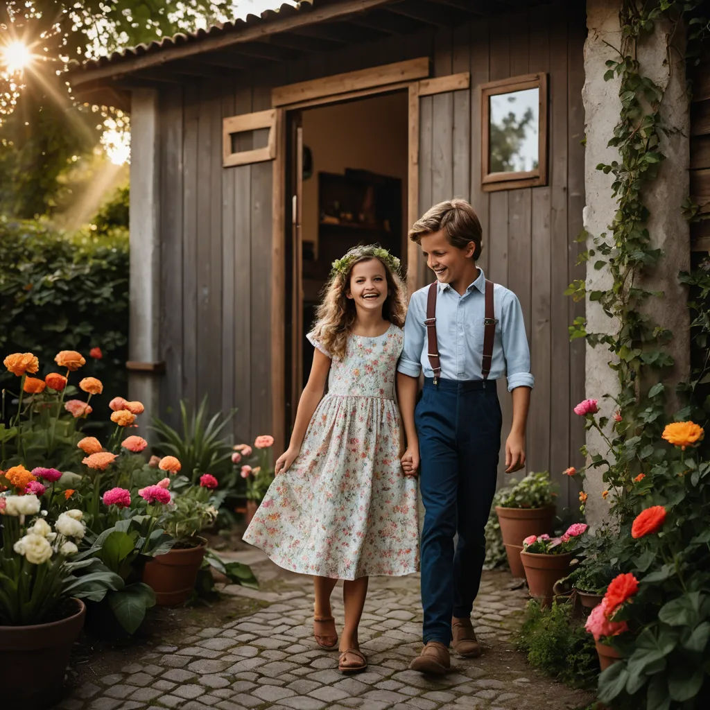 a man and a little girl walking through a garden with flowers in front of a building with a door, arts and crafts movement, a storybook illustration, Christian Hilfgott Brand, portrait photography