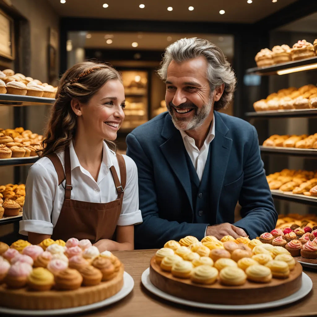 a man and woman smiling behind a table with a variety of pastries on it and a display of donuts, les automatistes, a stock photo, Didier Mouron, professional food photography