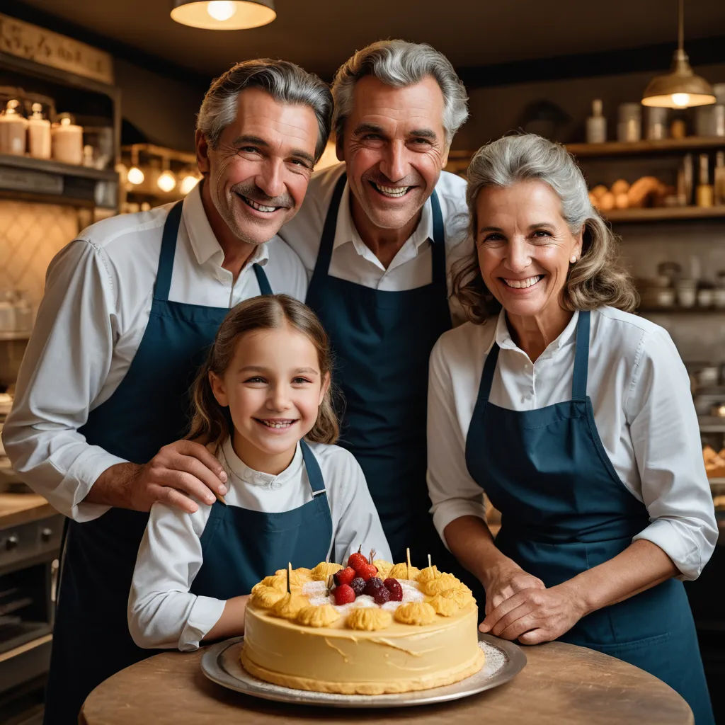 a family standing in front of a cake with candles on it and smiling at the camera with a cake on the table, arts and crafts movement, a stock photo, Christian Hilfgott Brand, professional food photography