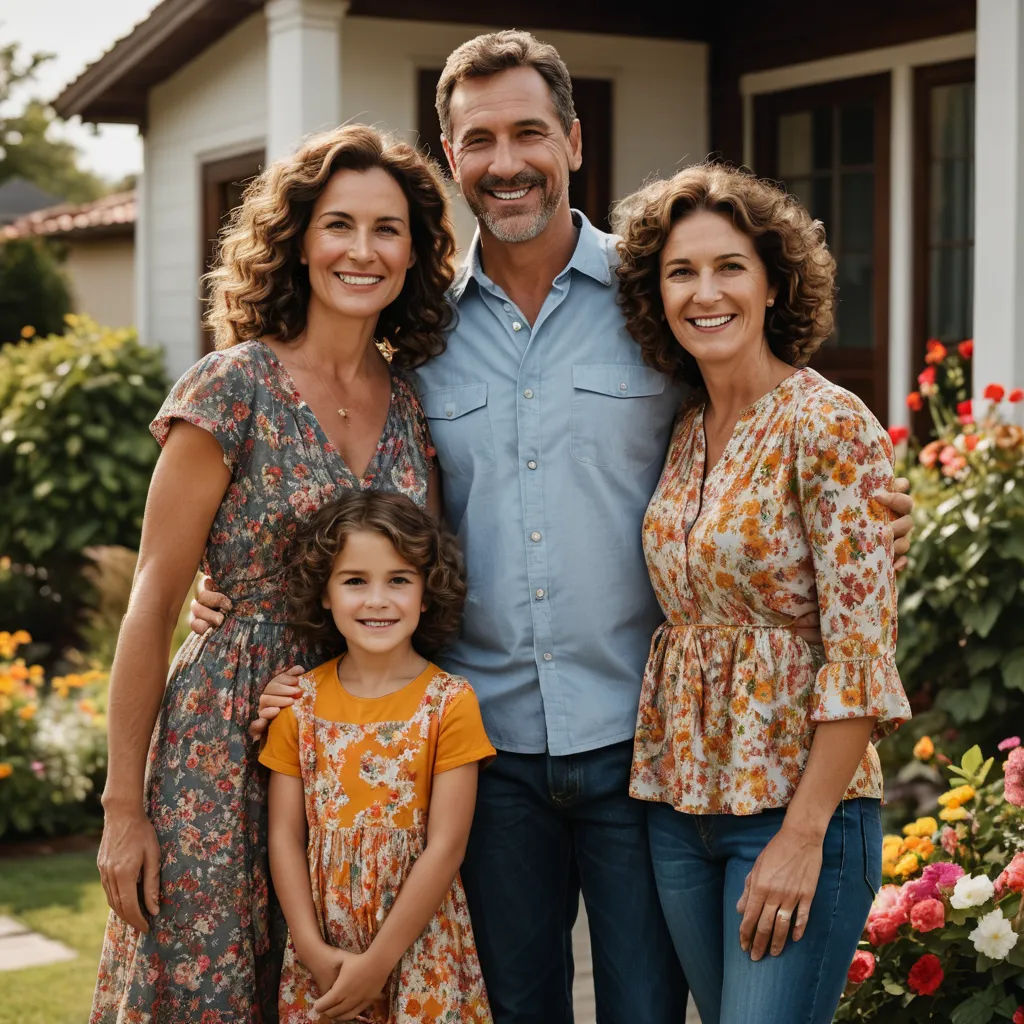 a man and two women and a child standing in front of a house with flowers in the yard and a house behind them, incoherents, a stock photo, Christian Hilfgott Brand, promotional image