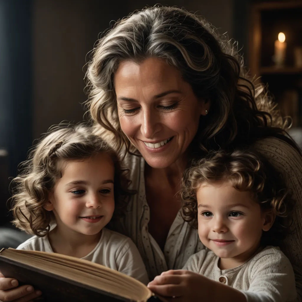 a woman and two children are reading a book together in a dark room with a window in the background, art & language, a storybook illustration, Art & Language, portrait photography