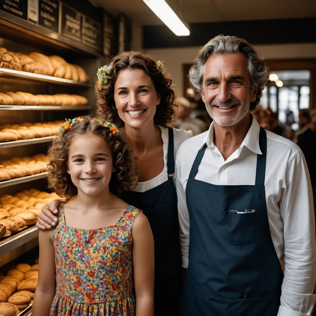 a man and a woman standing next to a little girl in front of a rack of donuts in a bakery, les automatistes, a stock photo, Christian Hilfgott Brand, professional food photography