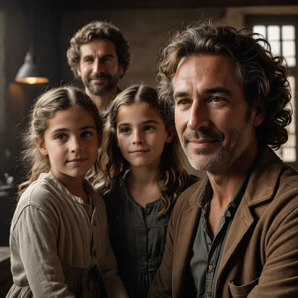 a man and two girls are posing for a picture together in a rustic setting with a man in the background, les automatistes, a poster, Diego Gisbert Llorens, promotional image